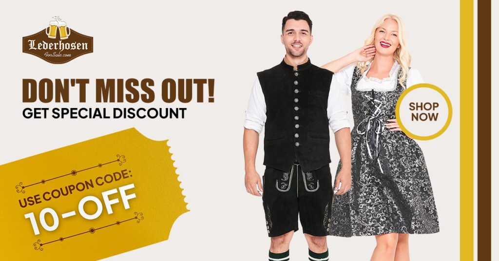 Perfect Pairs at Oktoberfest: Coordinating Oktoberfest Outfits for Couples 7 Promotional discount banner showing a couple in black traditional Bavarian attire. - Lederhosen For Sale