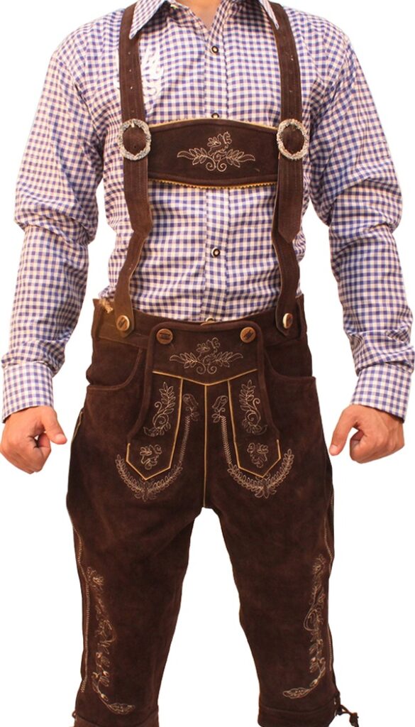Front view of man in brown knee-length embroidered Lederhosen. - Lederhosen For Sale