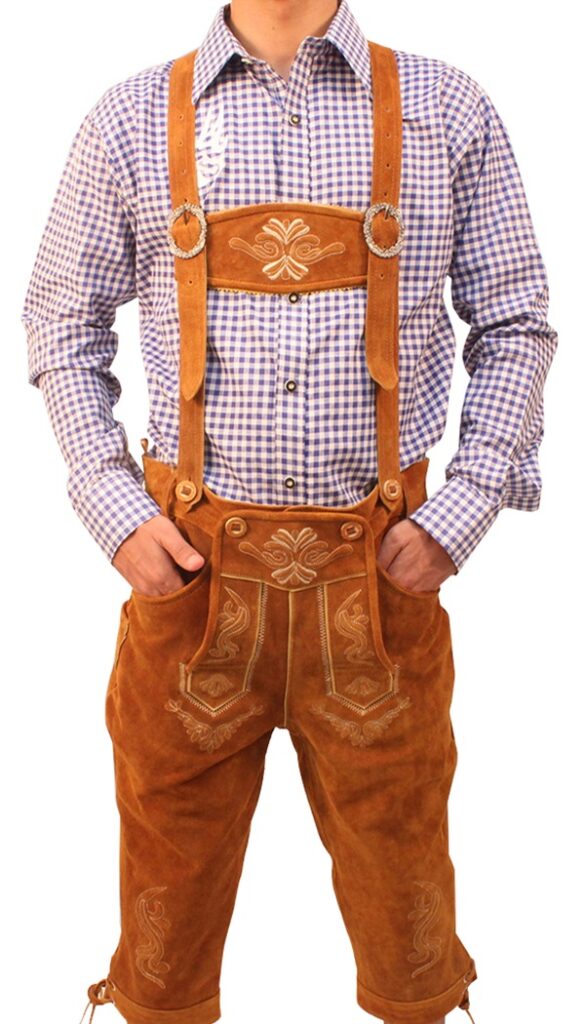 Front view of man in tan Lederhosen and checkered shirt. - Lederhosen For Sale
