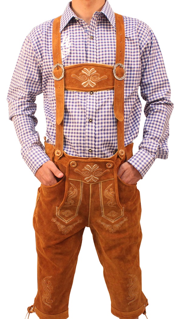 Front view of man in tan Lederhosen and checkered shirt. - Lederhosen For Sale