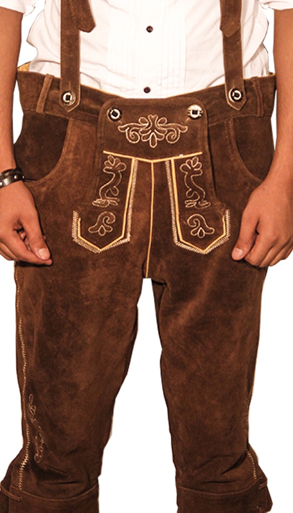 Front view close-up of brown embroidered knee-length Lederhosen with suspenders. - Lederhosen For Sale