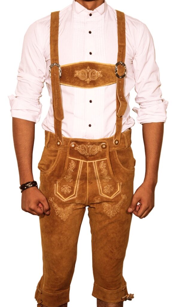 Front view of man in tan knee-length embroidered Lederhosen. - Lederhosen For Sale