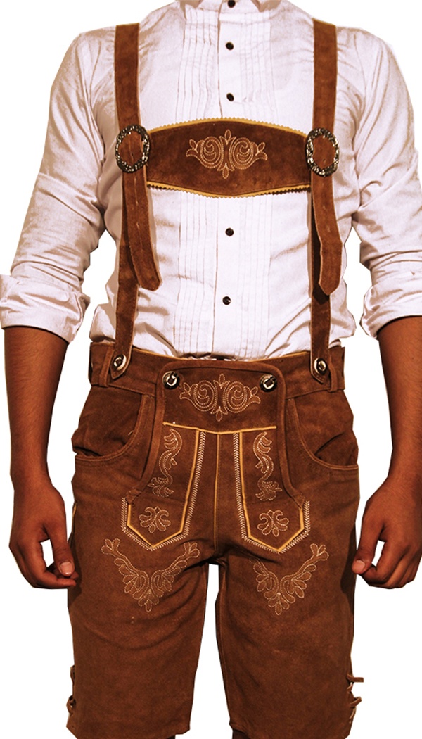 Front view of man in tan embroidered Lederhosen shorts. - Lederhosen For Sale