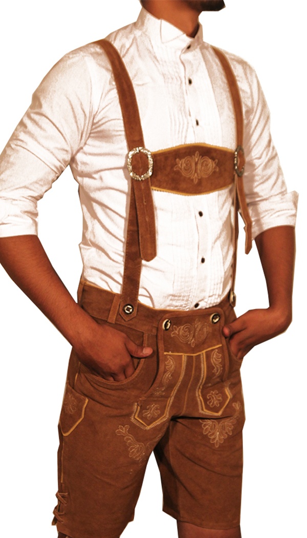Man standing in tan embroidered Lederhosen with white shirt. - Lederhosen For Sale
