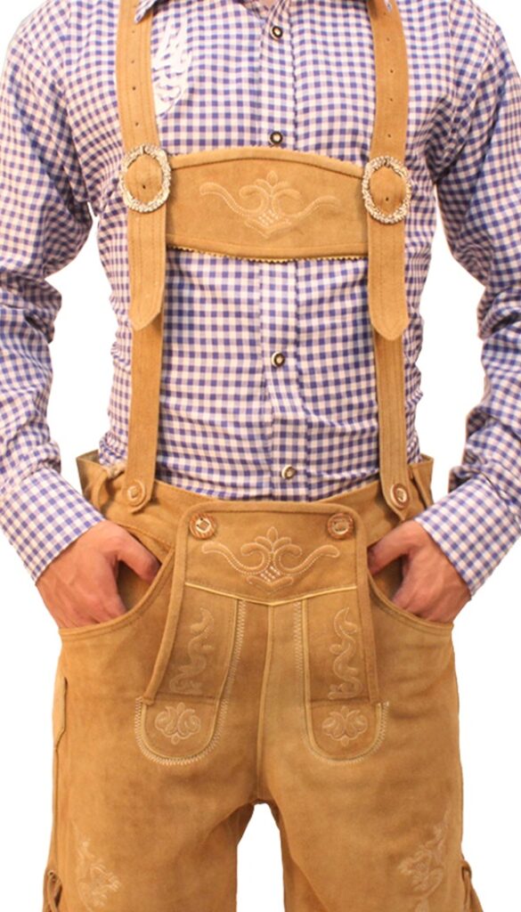 Front view of man in tan embroidered Lederhosen shorts. - Lederhosen For Sale