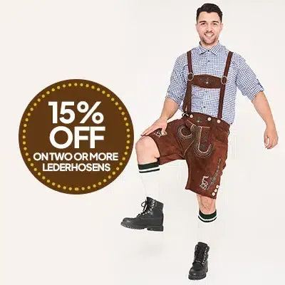 Man posing in brown Lederhosen with a 15% off discount badge. - Lederhosen For Sale