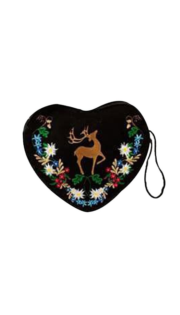 Heart-shaped black Bavarian Trachten purse with deer and floral embroidery. - Lederhosen For Sale