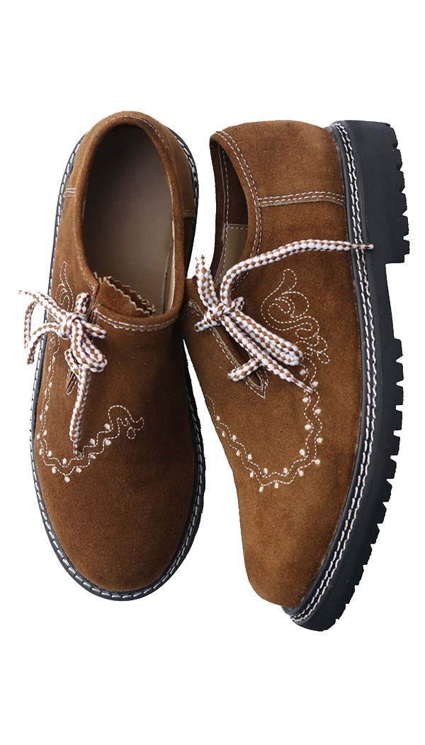 Pair of brown suede embroidered Haferlschuhe (traditional Bavarian shoes) with patterned laces. - Lederhosen For Sale