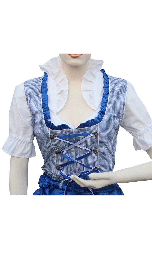Front view of mannequin wearing blue checkered Dirndl dress with white blouse. - Lederhosen For Sale