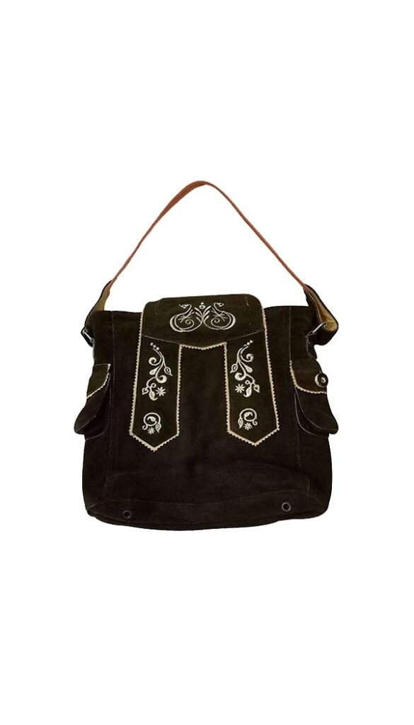 Black suede Bavarian Trachten purse with Lederhosen-style flap and white floral embroidery. - Lederhosen For Sale