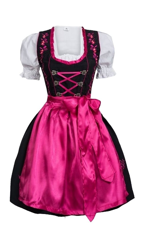 Front view of three-piece Dirndl set with black dress, hot pink satin apron, and white blouse. - Lederhosen For Sale