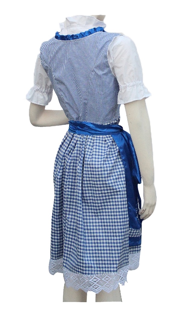 Rear view of mannequin wearing blue checkered Dirndl dress with blue satin apron bow. - Lederhosen For Sale