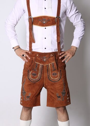 Front view of man in brown embroidered Lederhosen with matching suspenders. - Lederhosen For Sale