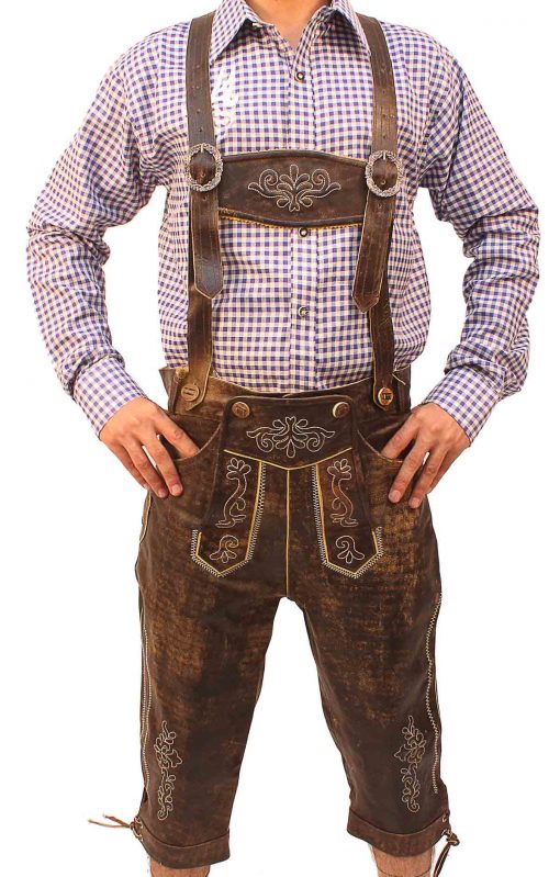 Front view of man in brown embroidered Bundhosen with purple checkered shirt. - Lederhosen For Sale