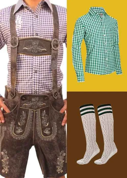 Oktoberfest Lederhosen Bundle featuring brown embroidered Lederhosen, a green checkered shirt, a purple checkered shirt, and cream knee-high socks. - Lederhosen For Sale