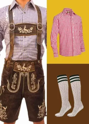 Oktoberfest men's bundle featuring dark brown embroidered Lederhosen, a red checkered shirt, a blue checkered shirt, and cream knee-high socks. - Lederhosen For Sale