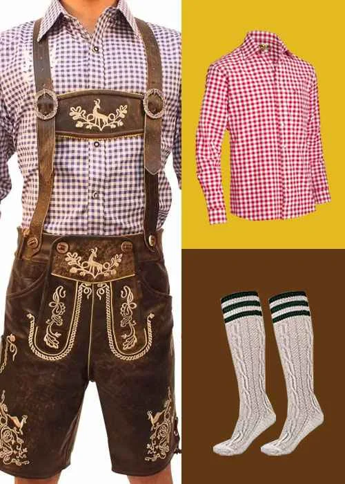 Oktoberfest men's bundle featuring dark brown embroidered Lederhosen, a red checkered shirt, a blue checkered shirt, and cream knee-high socks. - Lederhosen For Sale