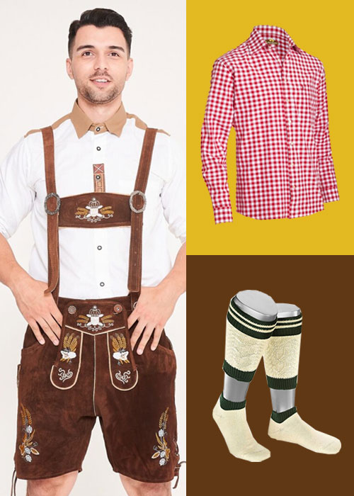 Oktoberfest clothing bundle featuring dark brown embroidered Lederhosen, a red checkered shirt, and cream Loferl socks. - Lederhosen For Sale