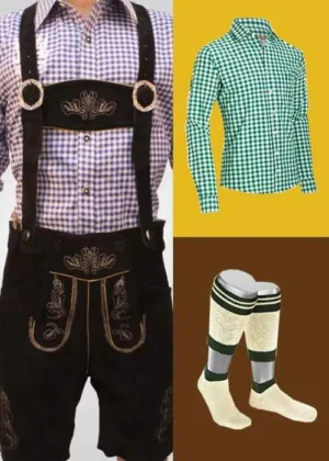 Oktoberfest clothing bundle featuring black embroidered Lederhosen, a green checkered shirt, a blue checkered shirt, and cream Loferl socks. - Lederhosen For Sale