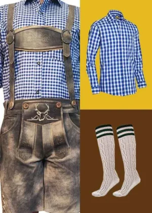 Oktoberfest clothing bundle featuring distressed gray leather Lederhosen with stag embroidery, a blue checkered shirt, and cream knee-high socks. - Lederhosen For Sale