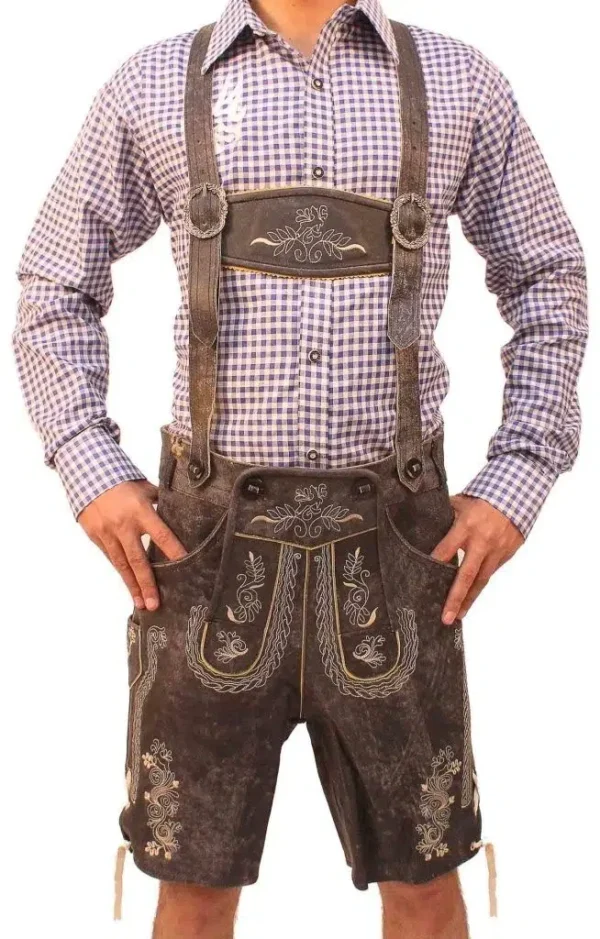 Front view of man in brown embroidered Lederhosen shorts. - Lederhosen For Sale