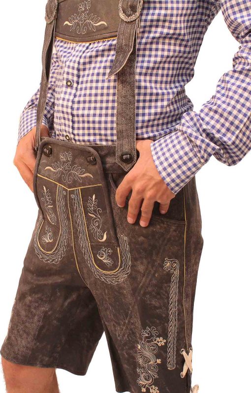 Side view of man in brown embroidered Lederhosen shorts. - Lederhosen For Sale