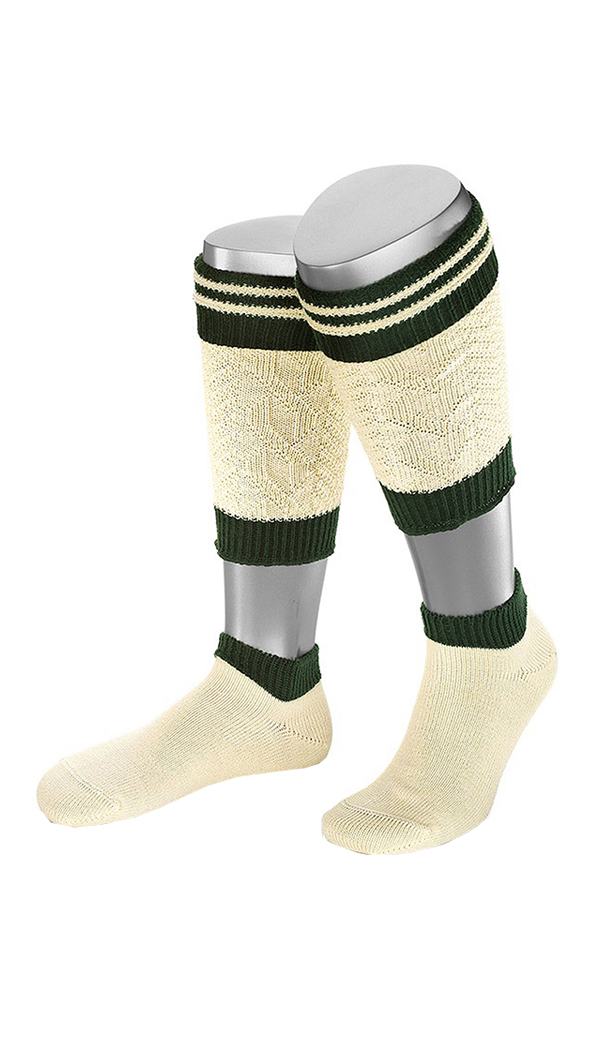 Two-piece cream and dark green Bavarian calf socks (Loferl) on a mannequin. - Lederhosen For Sale
