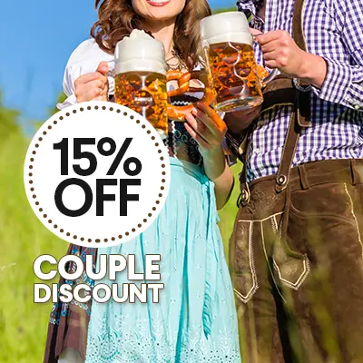 Oktoberfest couple holding beer mugs with a 15% off discount badge. - Lederhosen For Sale
