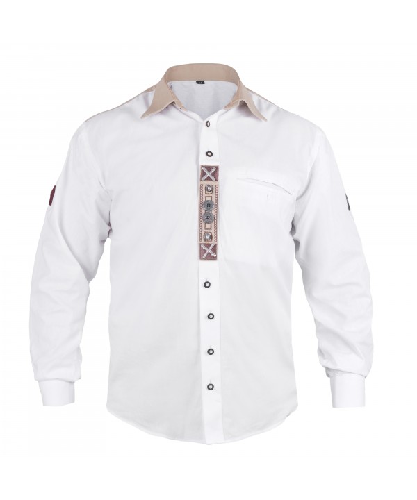 Front view of white long-sleeve Trachten shirt with brown embroidered placket. - Lederhosen For Sale