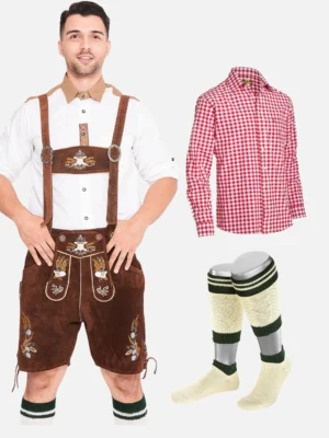 Men’s Oktoberfest Lederhosen Bundle – Dark Brown Leather Shorts, Red Checkered Shirt & Calf Socks Set