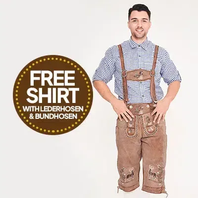 Man in brown Bundhosen and blue checkered shirt with a free shirt promotional badge. - Lederhosen For Sale