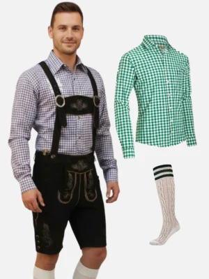 Oktoberfest Lederhosen Bundle for Men – Genuine Leather Shorts + Bavarian Checkered Shirt + Calf Socks Set