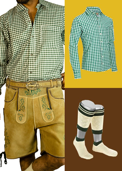 Oktoberfest men's bundle with green checkered shirt, light gold embroidered Lederhosen, and matching cream Loferl socks. - Lederhosen For Sale