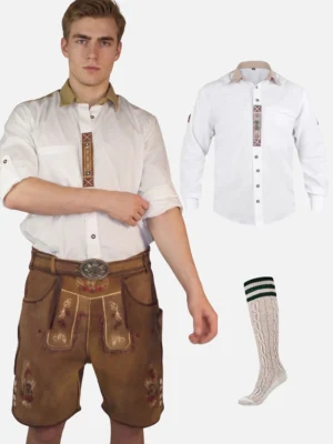 Vintage Brown Lederhosen Bundle for Men – Leather Shorts, Belt, Bavarian Shirt & Calf Socks Set