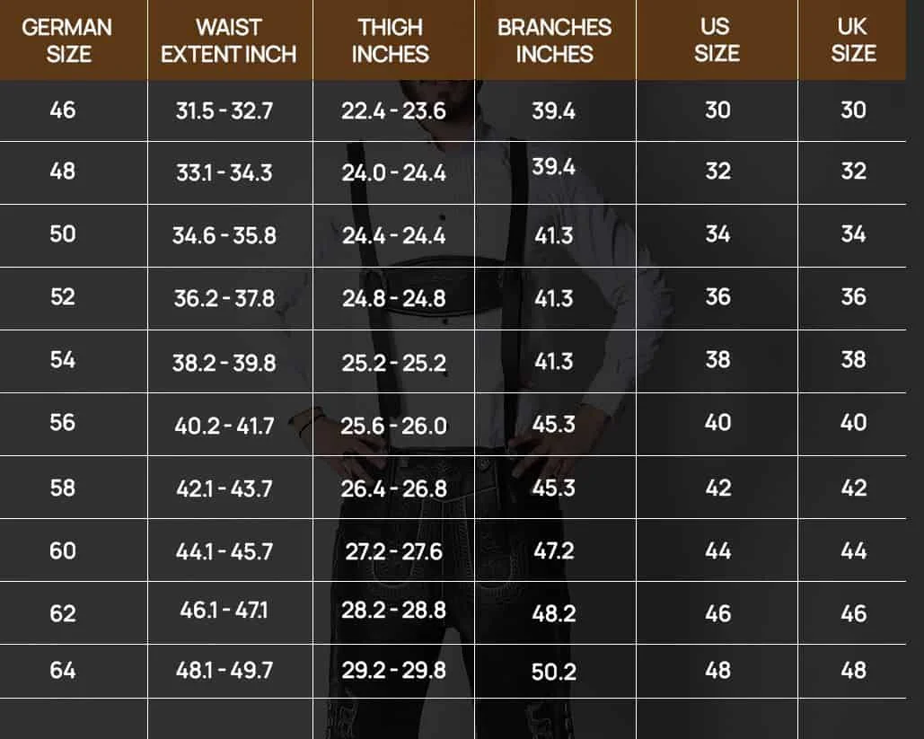 Lederhosen size chart - Lederhosen For Sale