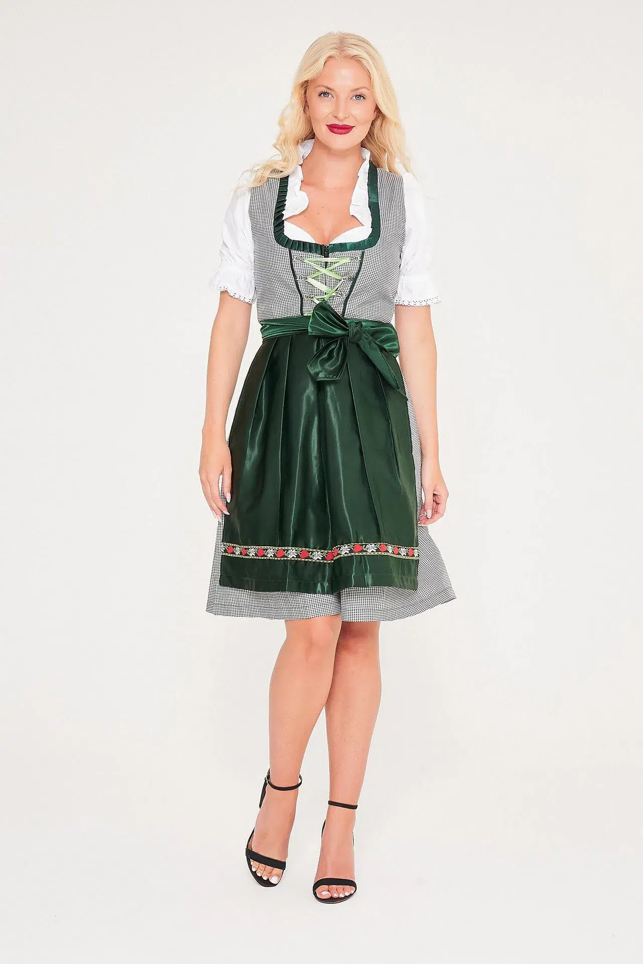 Blonde woman posing in green checkered Dirndl with apron. - Lederhosen For Sale