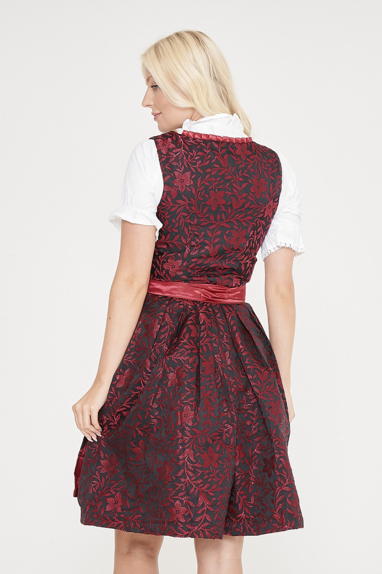 Midi Maroon Dirndl From Alpentrachten 5 Back view of blonde woman in midi red Dirndl. - Lederhosen For Sale