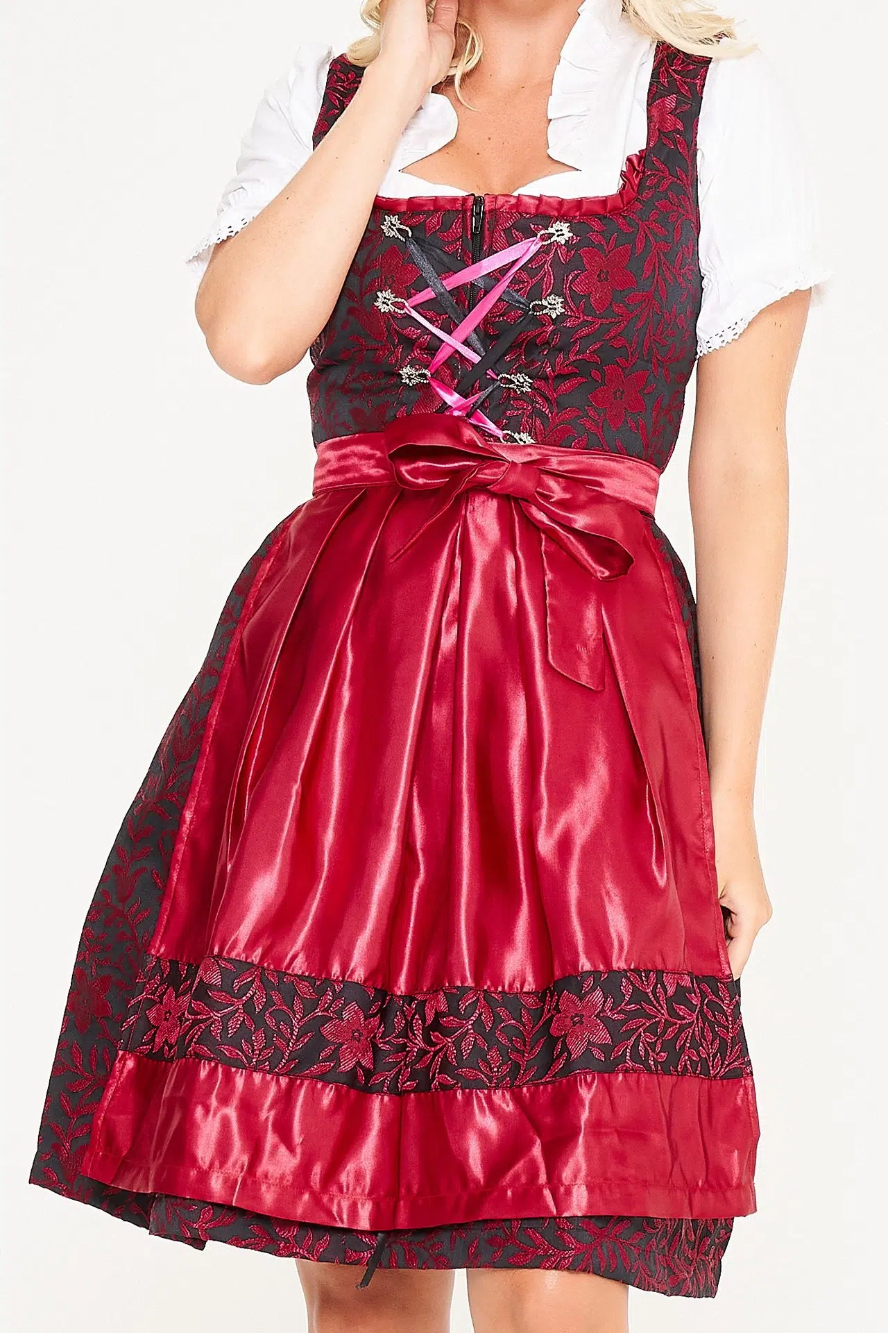 Midi Maroon Dirndl From Alpentrachten 2 Close-up of red and black midi Alpentrachten Dirndl. - Lederhosen For Sale