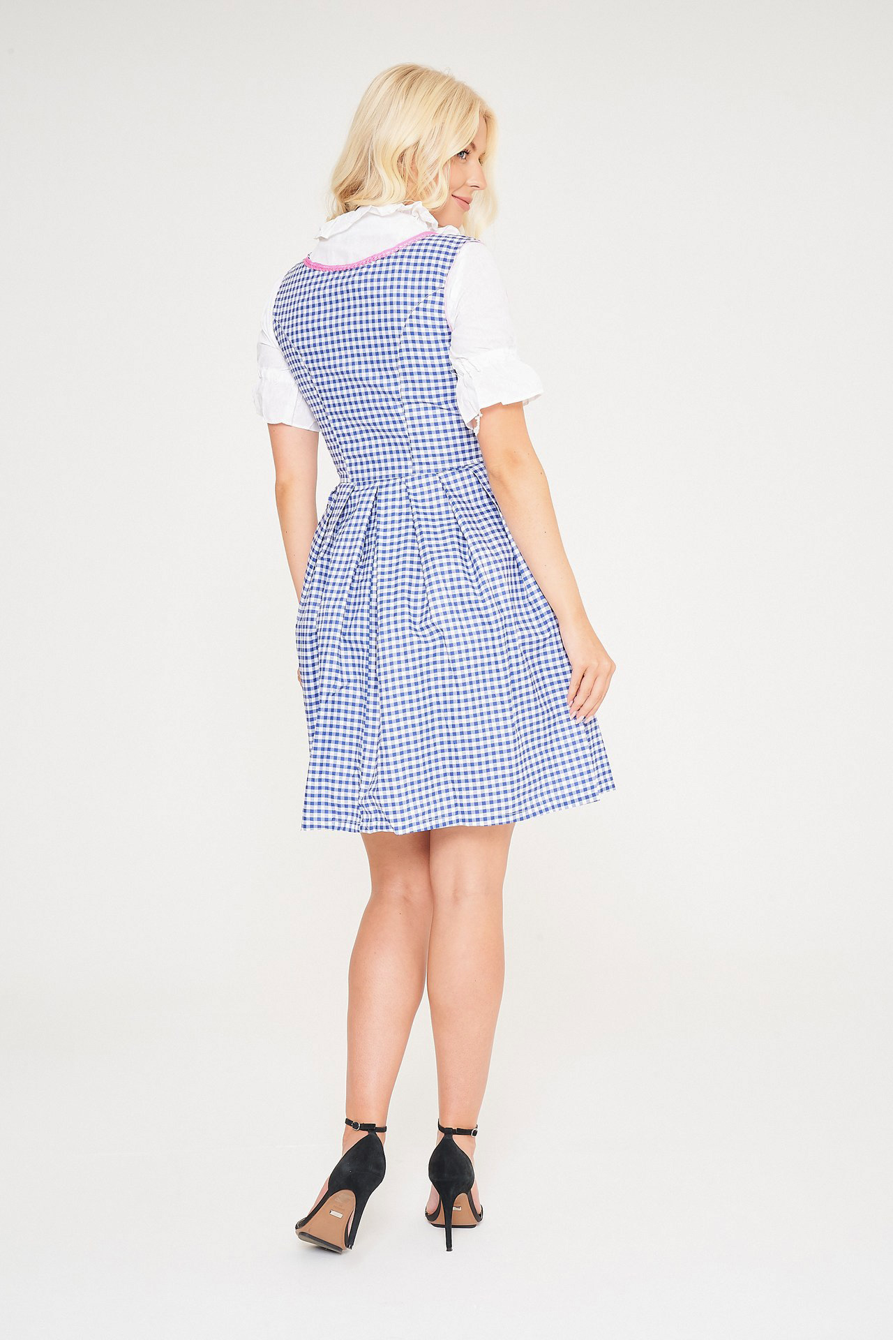 Back view of blonde woman in blue checkered midi Dirndl. - Lederhosen For Sale