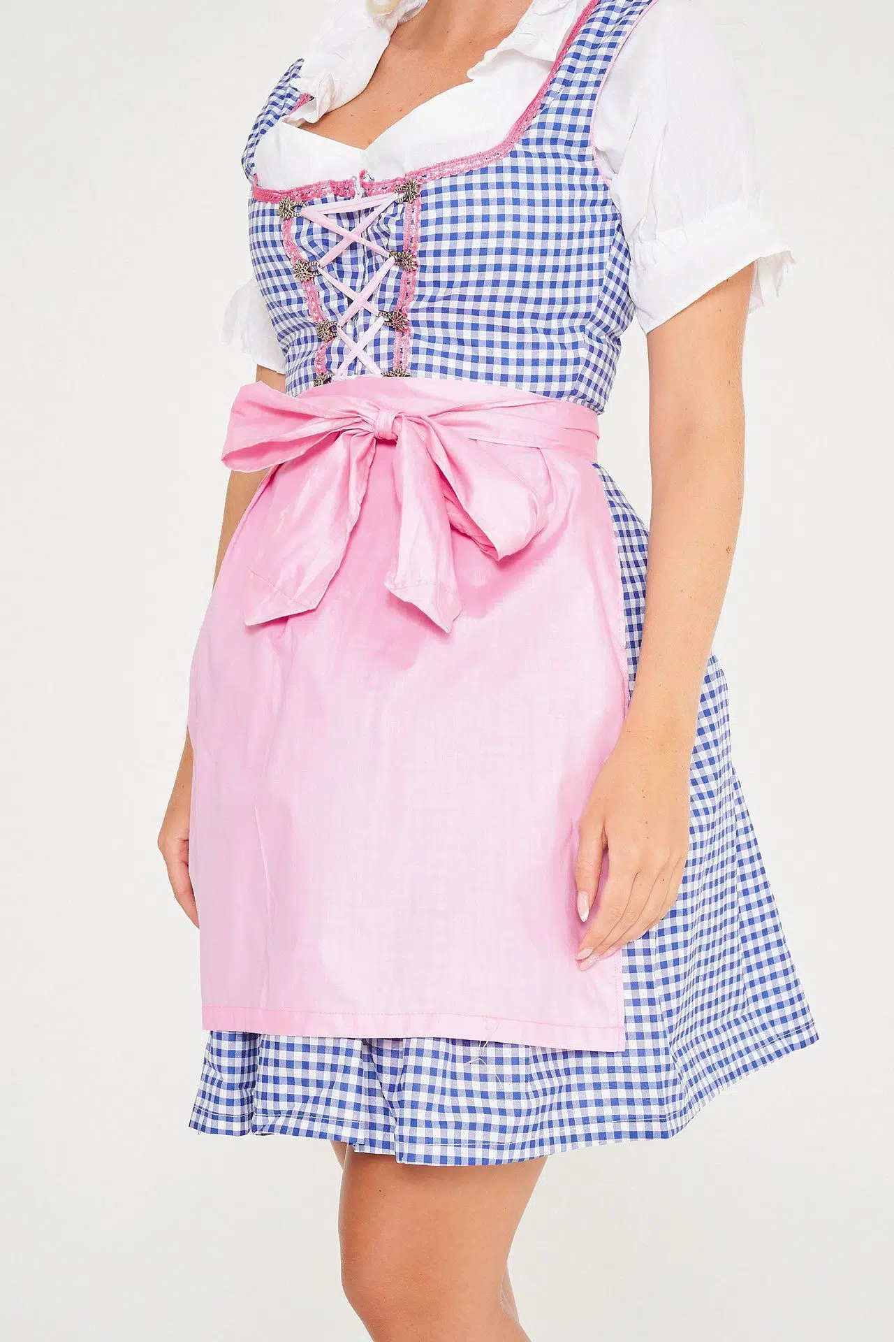 Close-up of blue checkered midi Dirndl with pink apron. - Lederhosen For Sale
