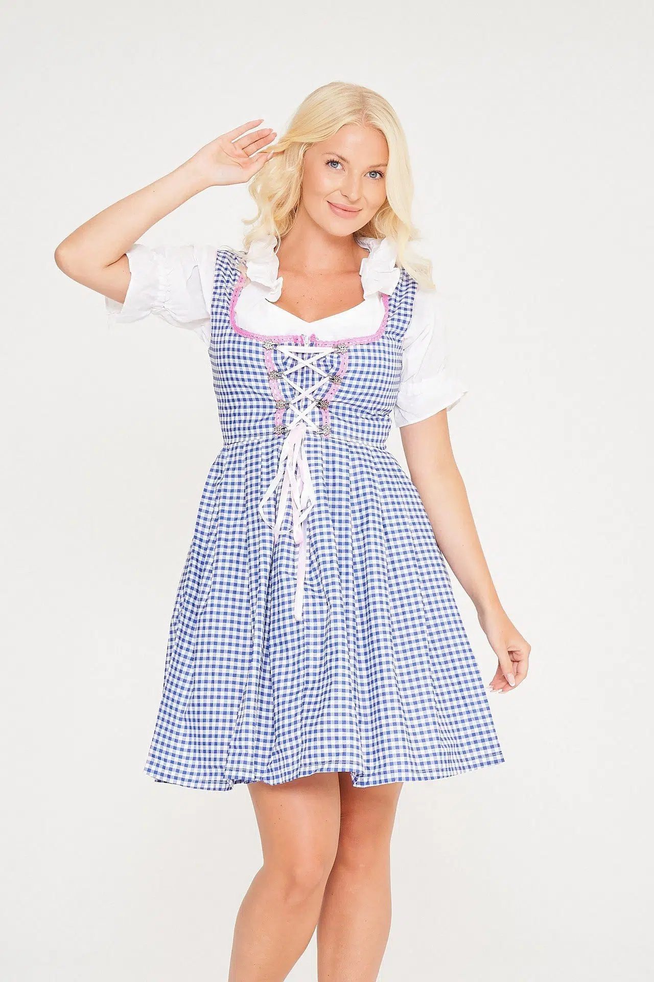 Blonde woman smiling in sky blue checkered midi Dirndl. - Lederhosen For Sale