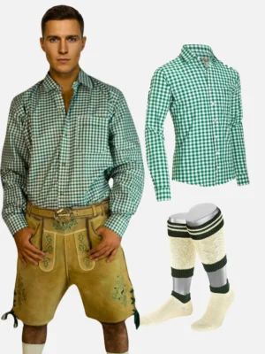Men’s Oktoberfest Lederhosen Bundle – Light Gold Leather Shorts, Green Checkered Shirt, Belt & Calf Socks Set