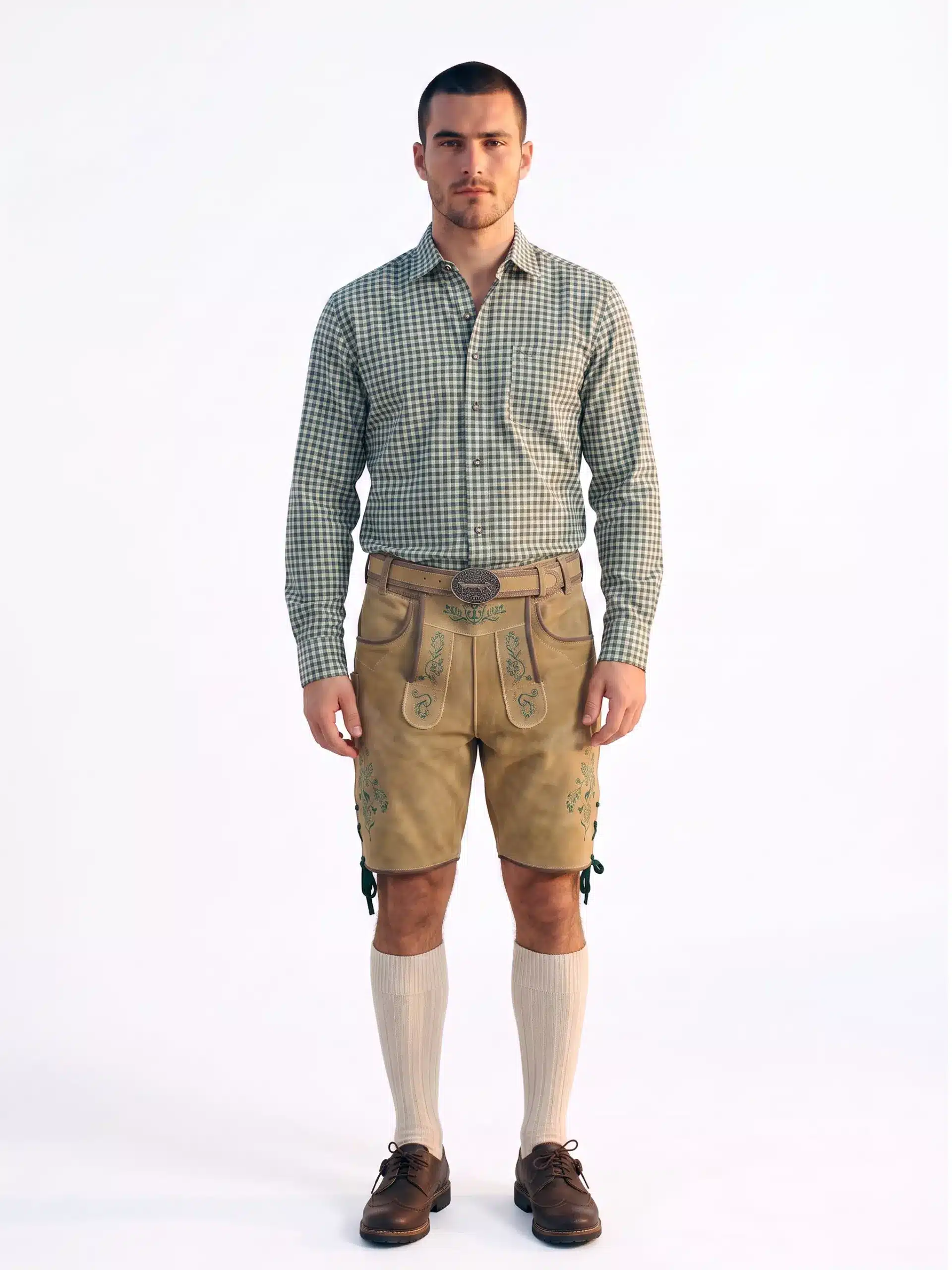 Men’s Oktoberfest Lederhosen Bundle – Light Gold Leather Shorts, Green Checkered Shirt, Belt & Calf Socks Set 2 Man wearing light gold handcrafted Lederhosen shorts with a matching belt, large ornate buckle, and a green checkered shirt. - Lederhosen For Sale