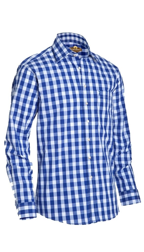 Angled front view of blue and white checkered long-sleeve shirt. - Lederhosen For Sale