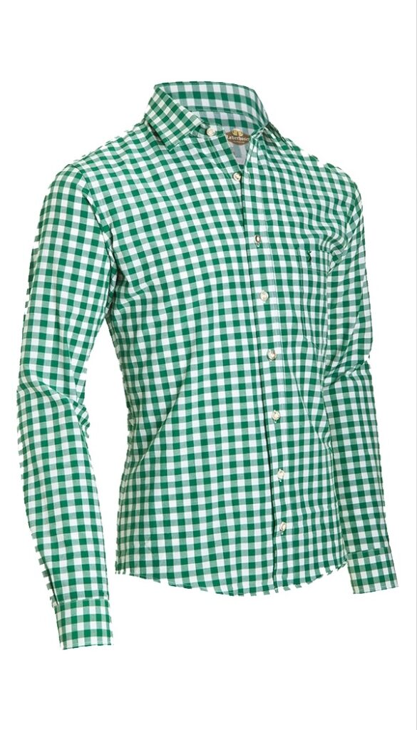 Angled front view of green and white checkered long-sleeve shirt. - Lederhosen For Sale