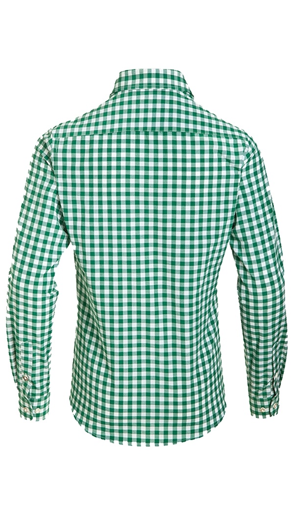 Trachten Shirt Small Checkered Dark Green 2 Rear view of green and white checkered long-sleeve shirt. - Lederhosen For Sale