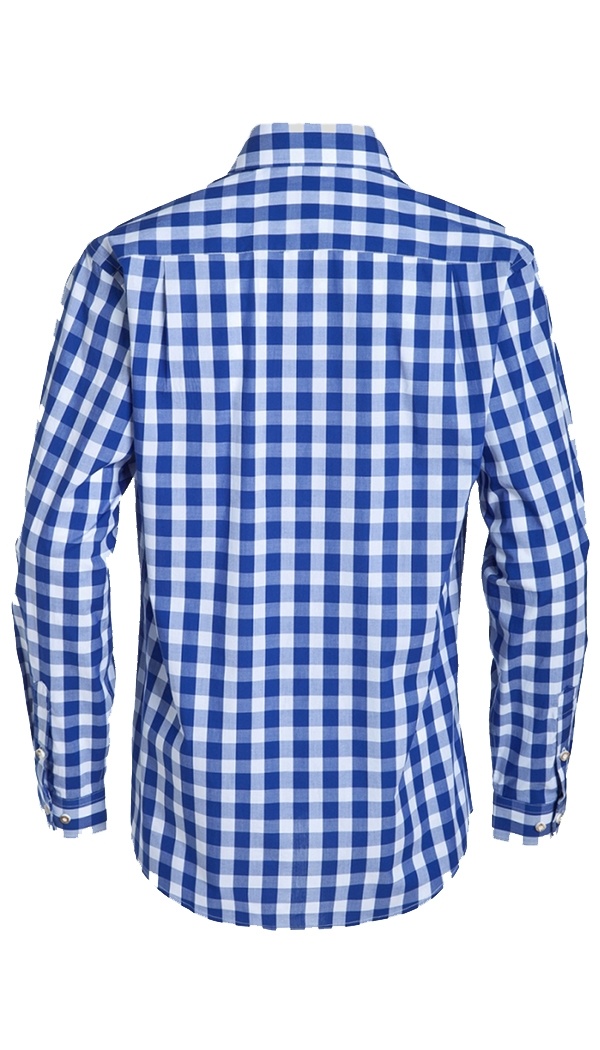 Rear view of blue and white checkered long-sleeve shirt. - Lederhosen For Sale