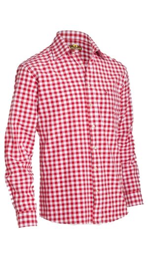 Men's red and white checkered long-sleeve button-down shirt. - Lederhosen For Sale