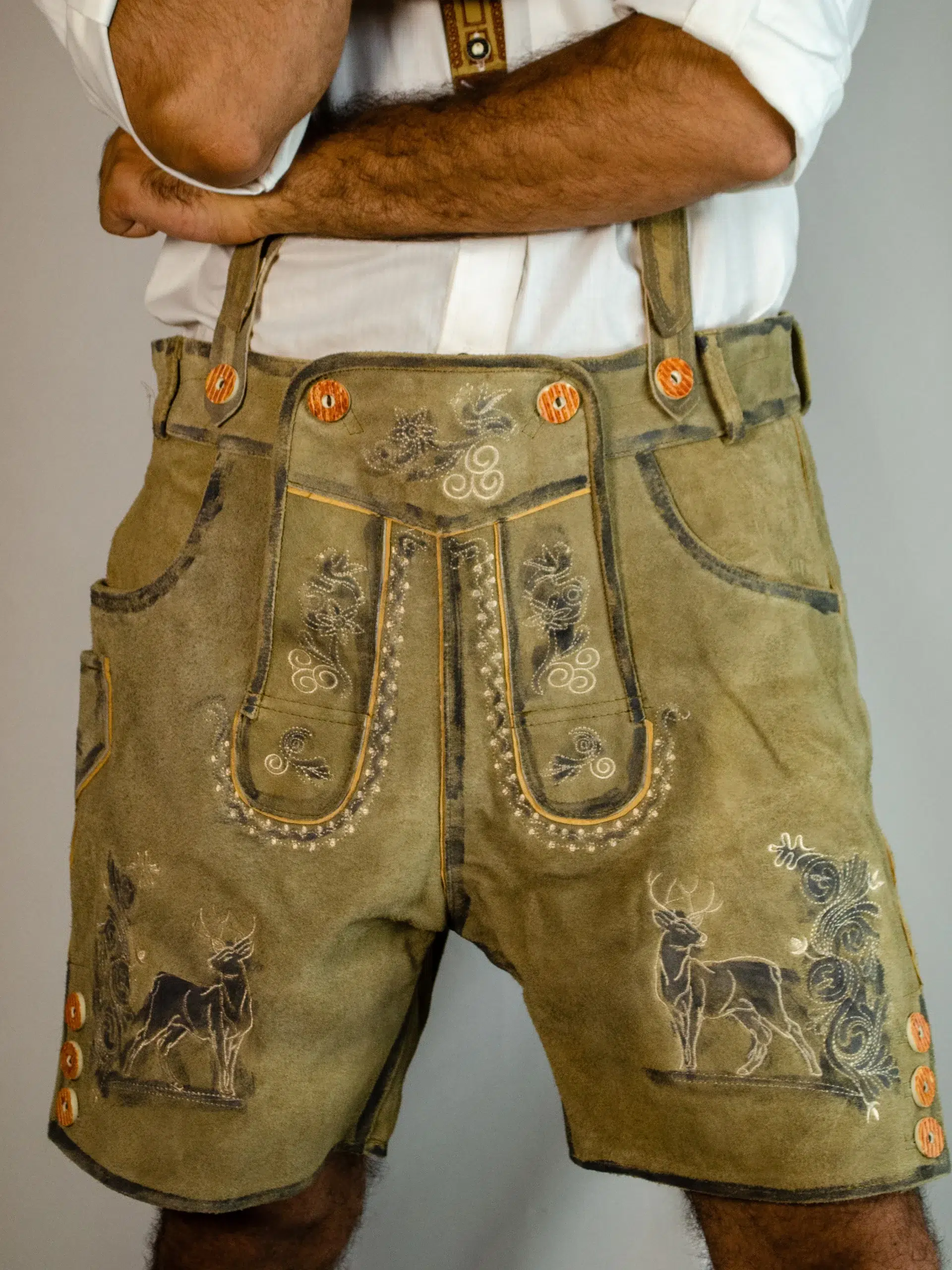 Trachten Short Lederhosen Real Shaded Brown 3 Front view of man in shaded brown embroidered Lederhosen. - Lederhosen For Sale