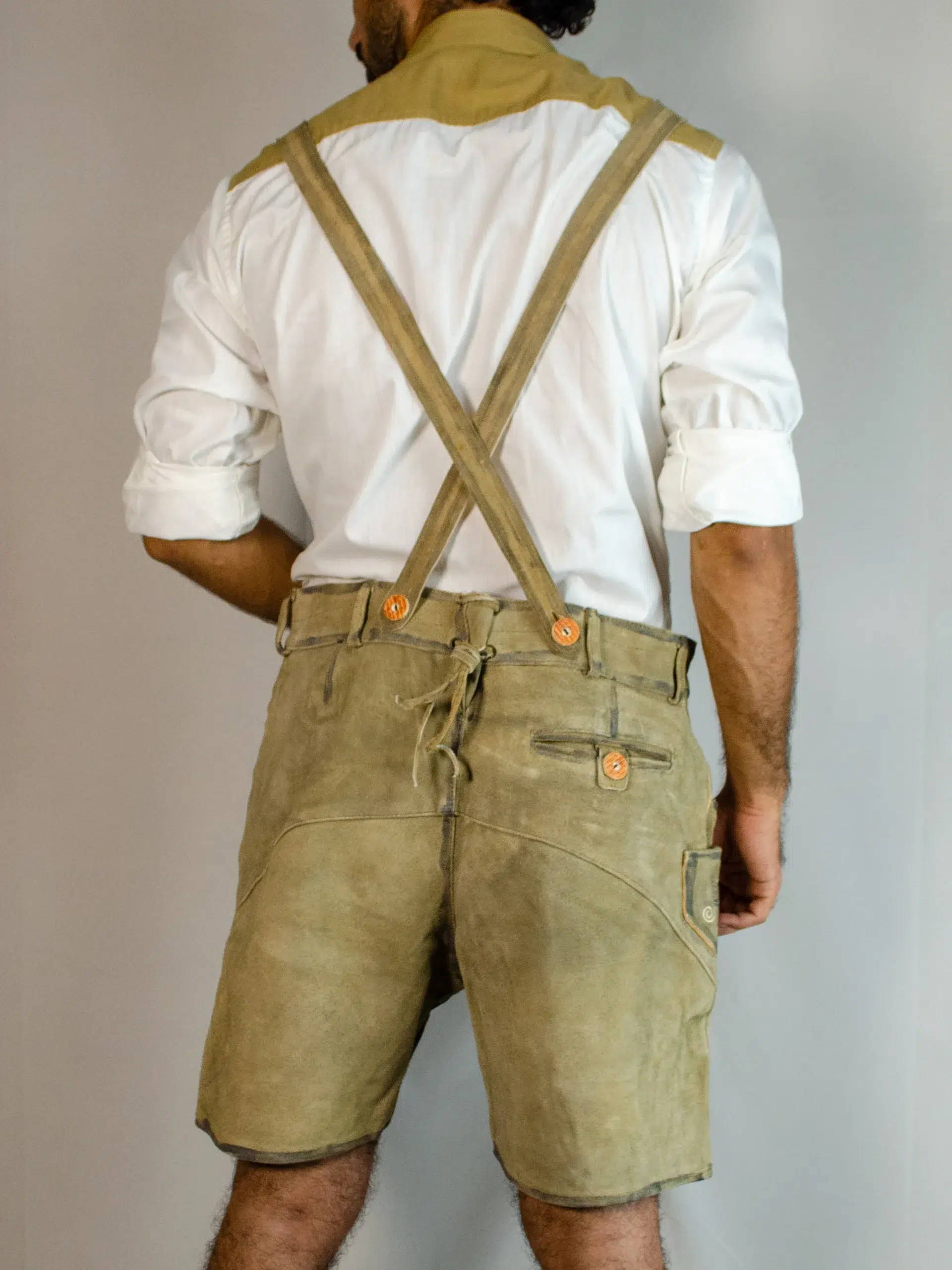 Trachten Short Lederhosen Real Shaded Brown 4 Back view of man in shaded brown Trachten Lederhosen. - Lederhosen For Sale
